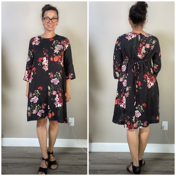 Hannes Roether 100% floral black linen 3/4 sleeves cinch back midi dress… - Picture 1 of 11